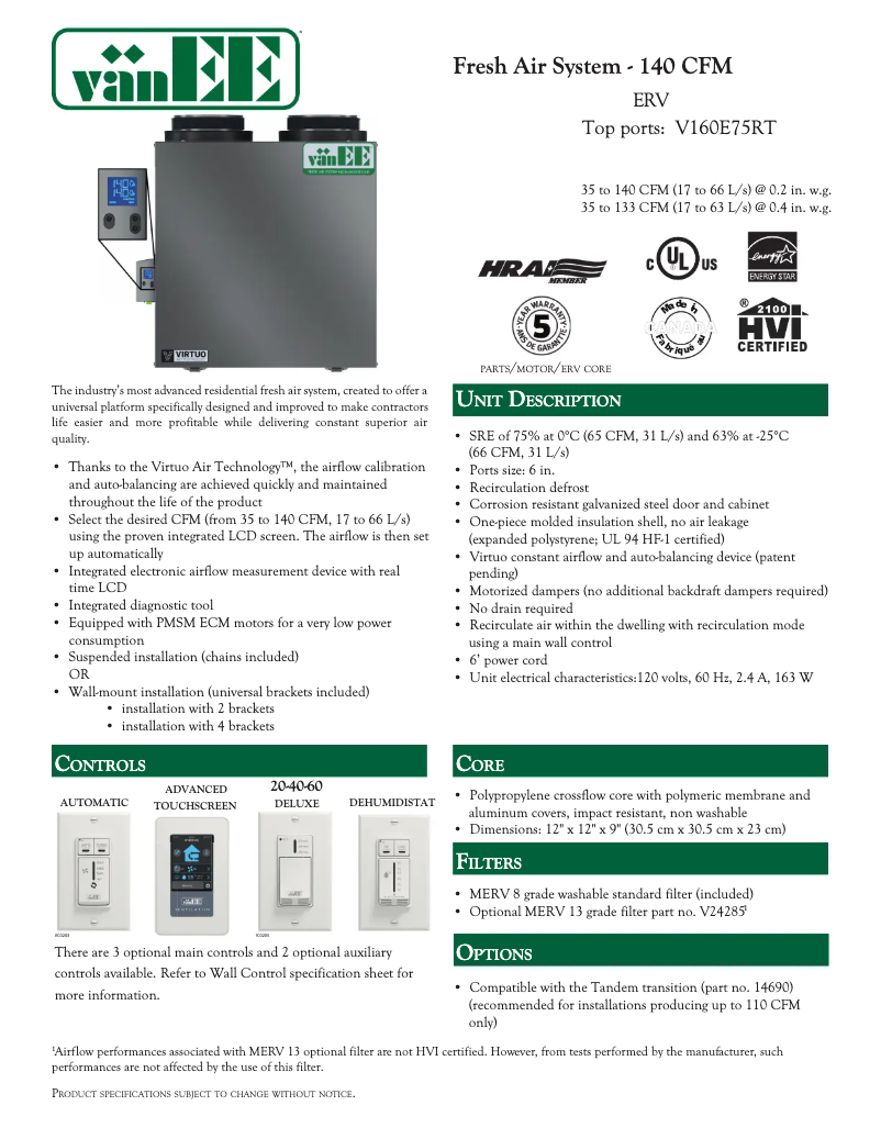 Page 1 de la notice Fiche technique vänEE V160E75RT