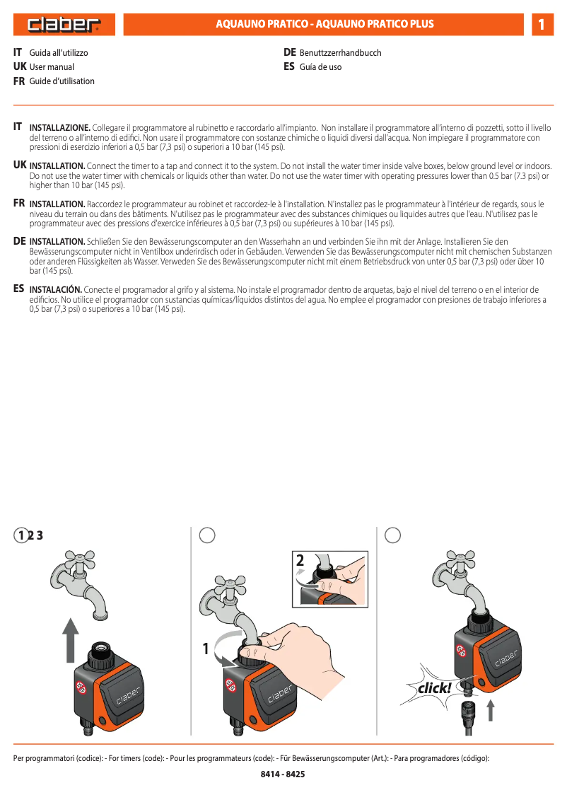 Page n°1 - Manuel utilisateur Claber Pratico 8428