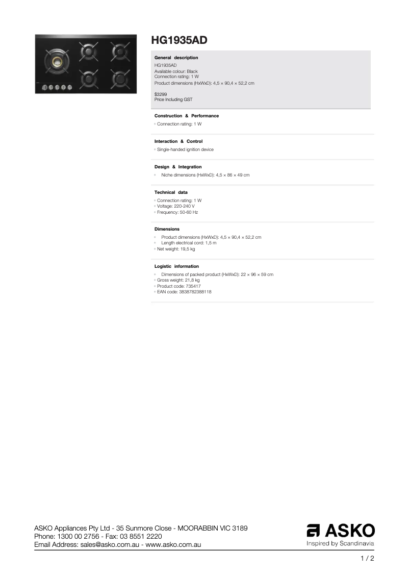 Page n°1 - Fiche technique Asko HG1935AD