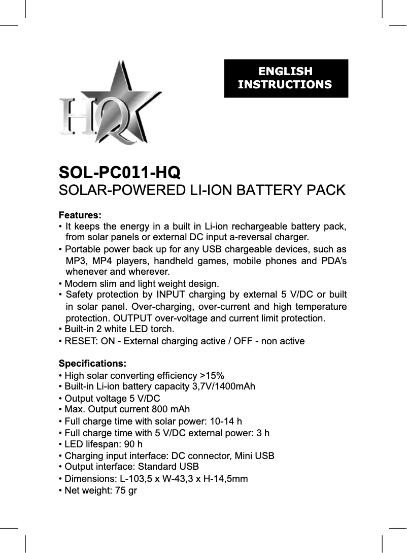 Page 1 de la notice Manuel utilisateur HQ SOL-PC011