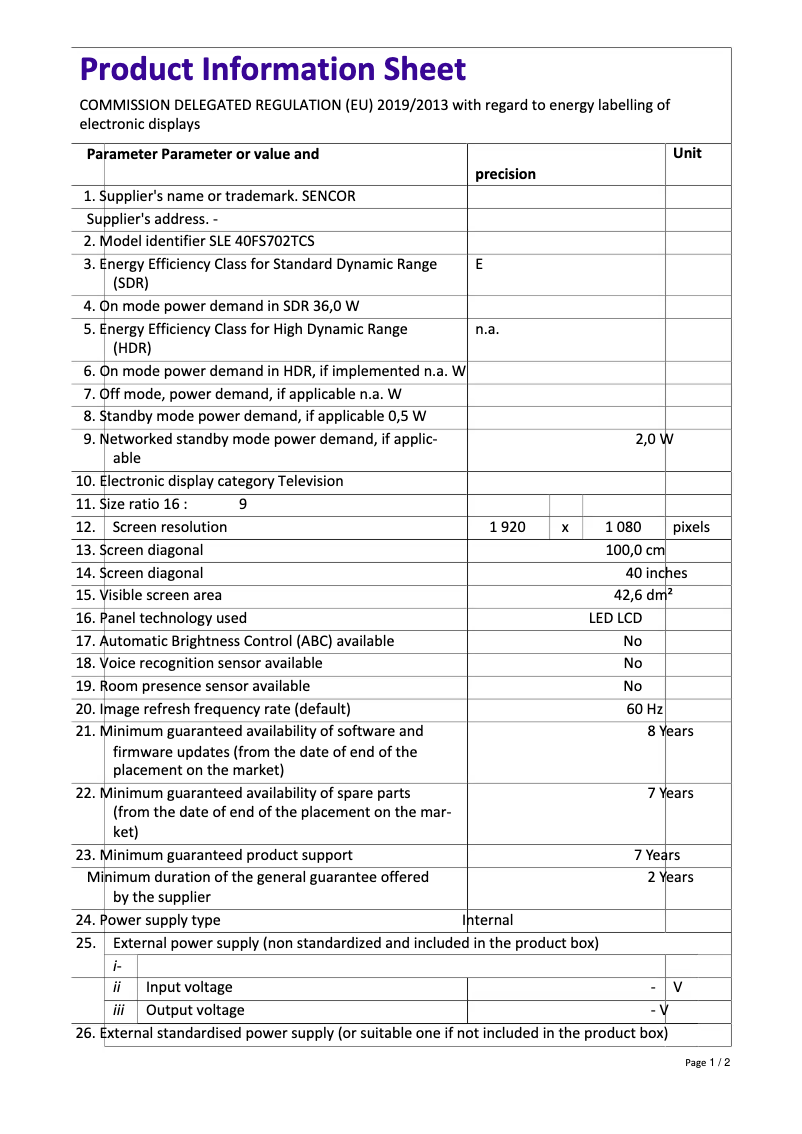 Page 1 de la notice Fiche technique Sencor SLE 40FS702TCS