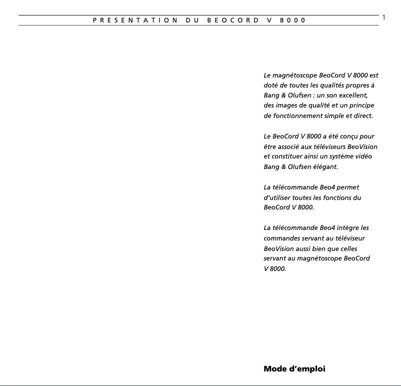 Page 1 de la notice Manuel utilisateur Bang & Olufsen BeoCord V8000