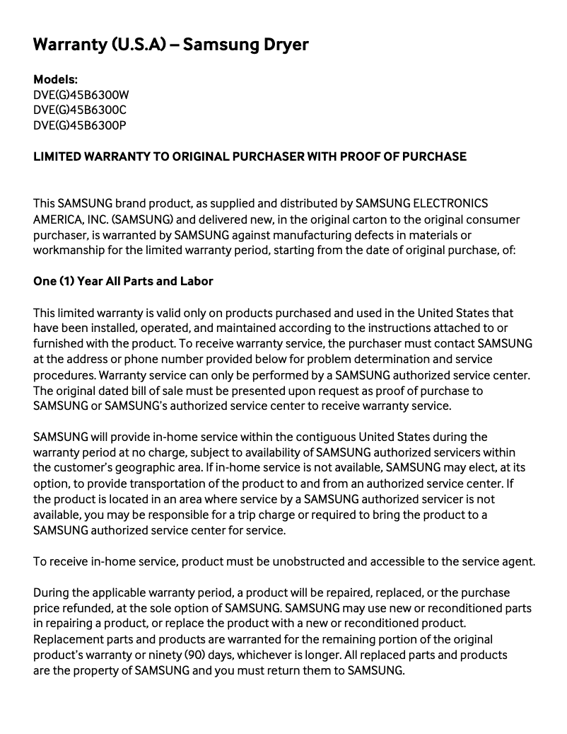 Page n°1 - Informations de garantie Samsung DVG45B6300W