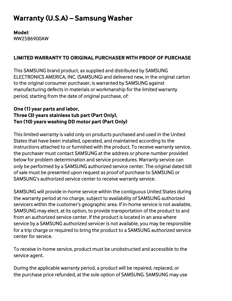 Page 1 de la notice Informations de garantie Samsung WW25B6900AW