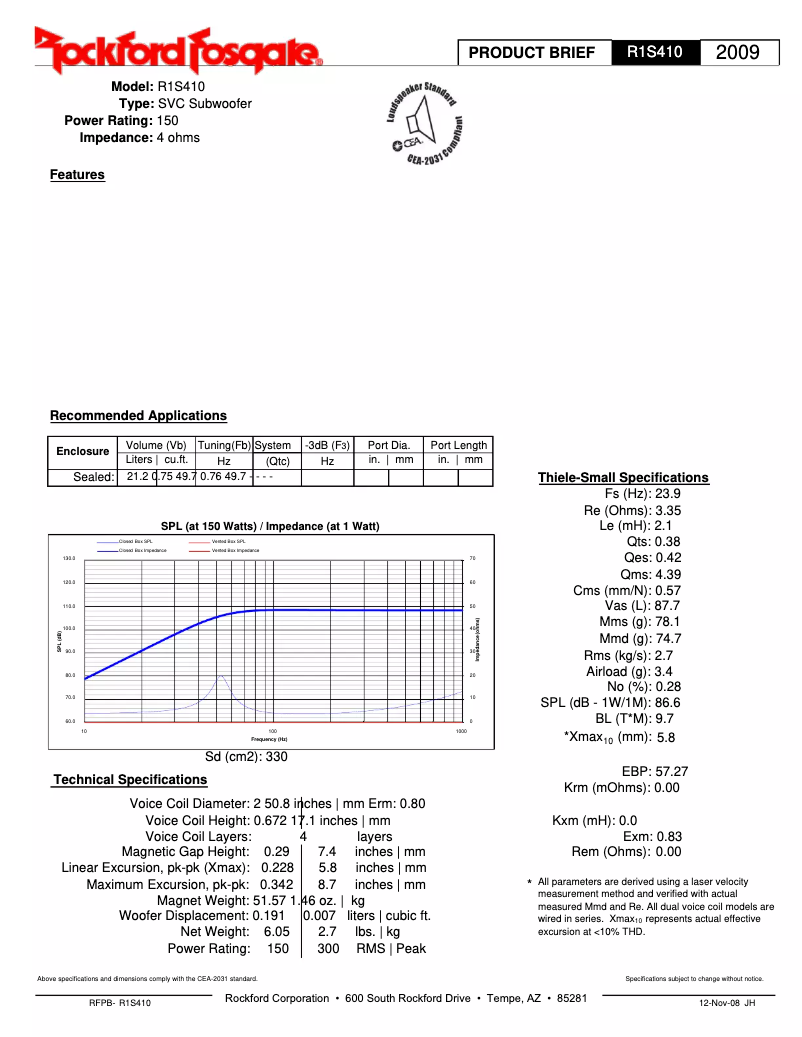 Page 1 de la notice Fiche technique Rockford Fosgate Prime R1S4-12
