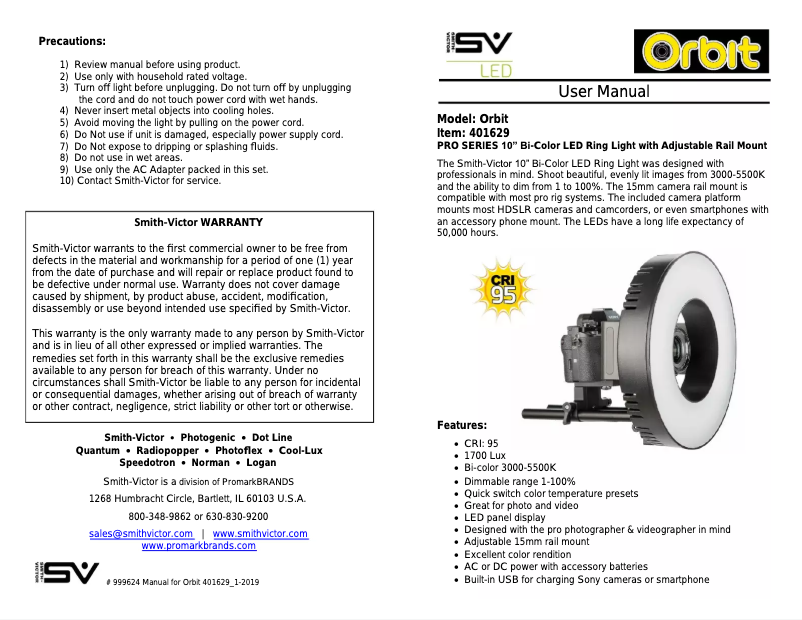 Page 1 de la notice Manuel utilisateur Smith-Victor Orbit