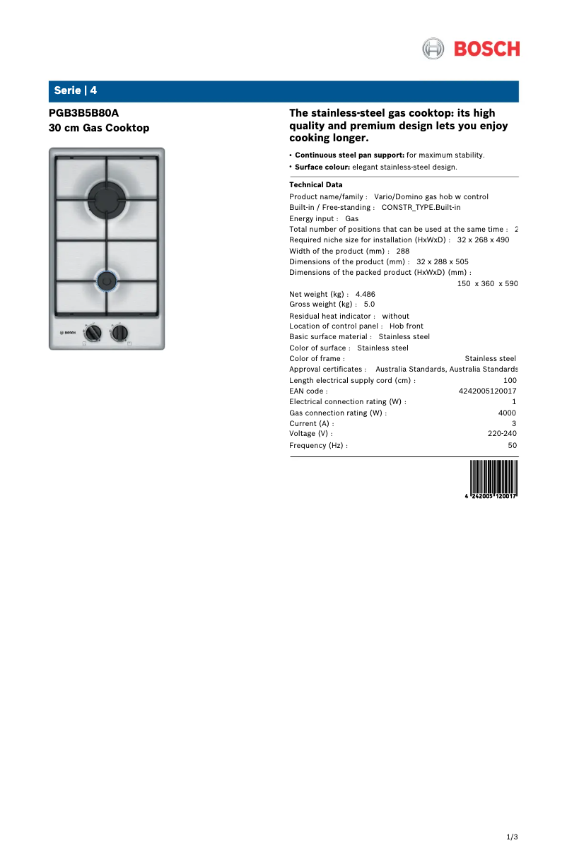 Page 1 de la notice Fiche technique Bosch PGB3B5B80A