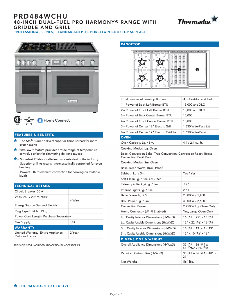 Page 1 de la notice Fiche technique Thermador PRD484WCHU