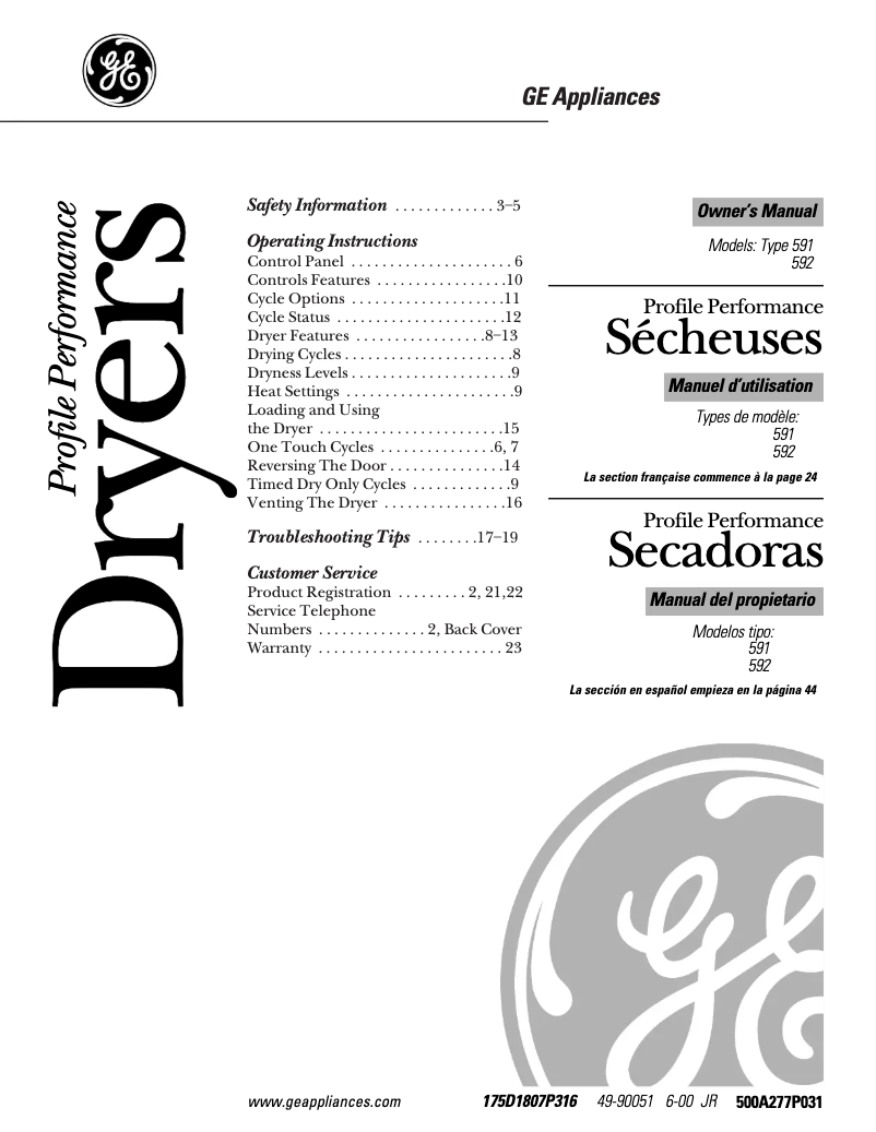 Page 1 of the manual Use and Maintenance Manual GE Profile Wizard DPSE592GAWW