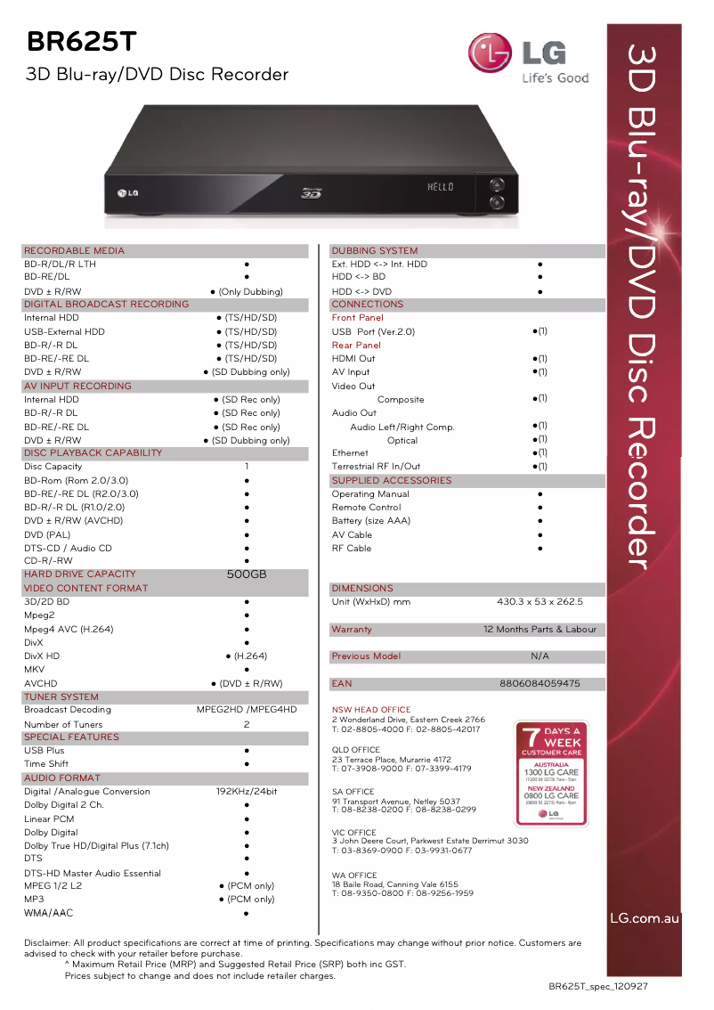 Page n°1 - Fiche technique LG BR625T