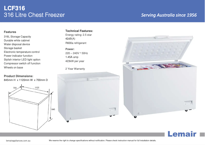 Page 1 de la notice Fiche technique Lemair LCF316