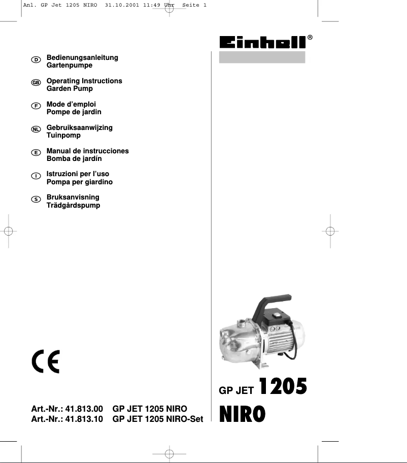 Page n°1 - Manuel utilisateur Einhell GP Jet 1205 NIRO