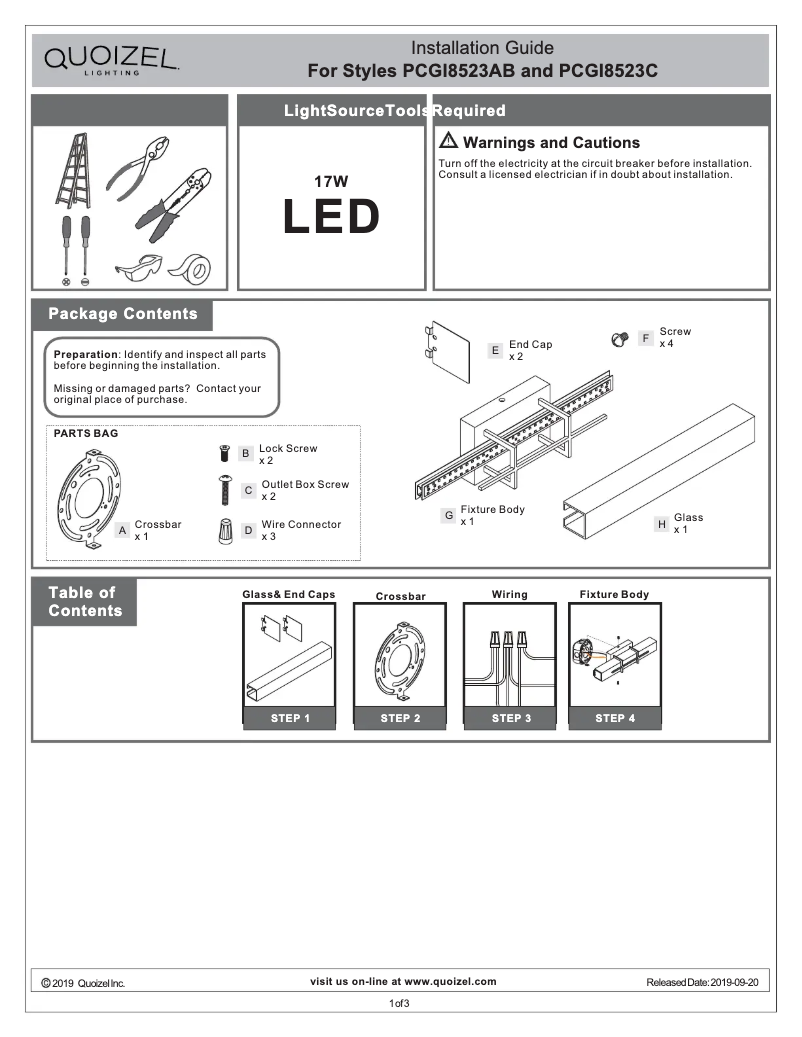 Page n°1 - Manuel utilisateur Quoizel Giselle PCGI8523AB