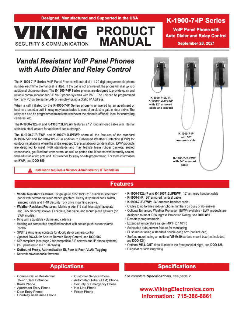 Page 1 de la notice Manuel utilisateur Viking K-1900-712L-IP