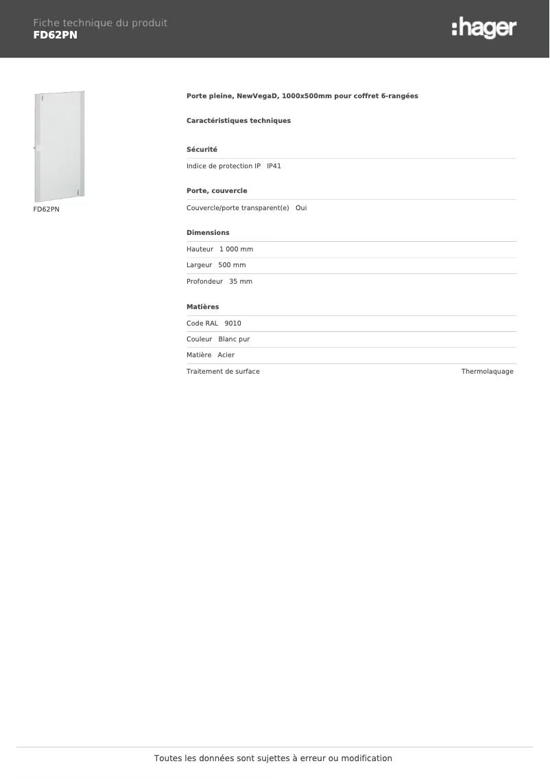 Page n°1 - Fiche technique Hager FD62PN