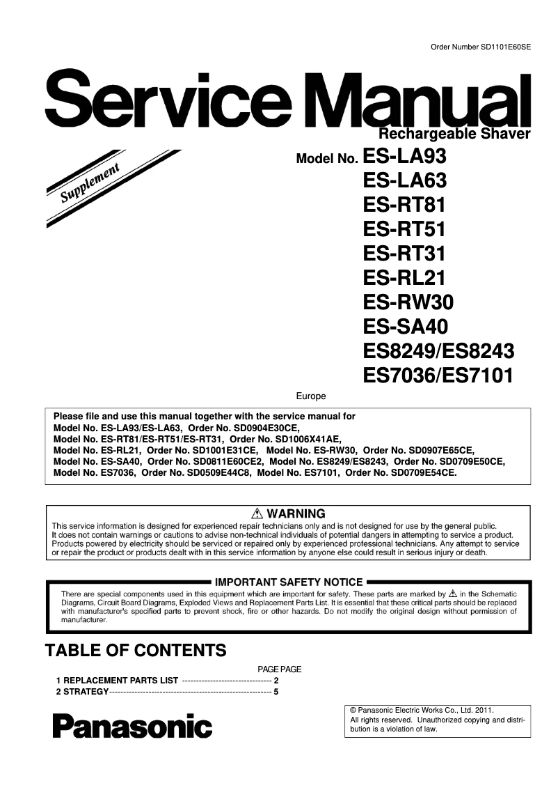 Page 1 de la notice Manuel utilisateur Panasonic Pro-Curve ES-RT81