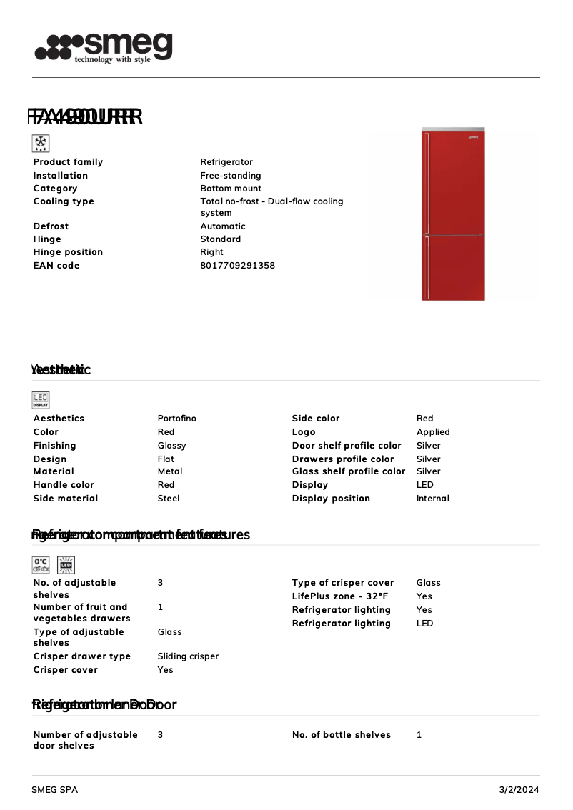 Page n°1 - Fiche technique Smeg FA490URR