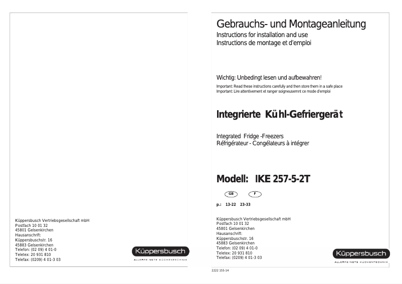 Page n°1 - Manuel utilisateur Küppersbusch IKE 257-5