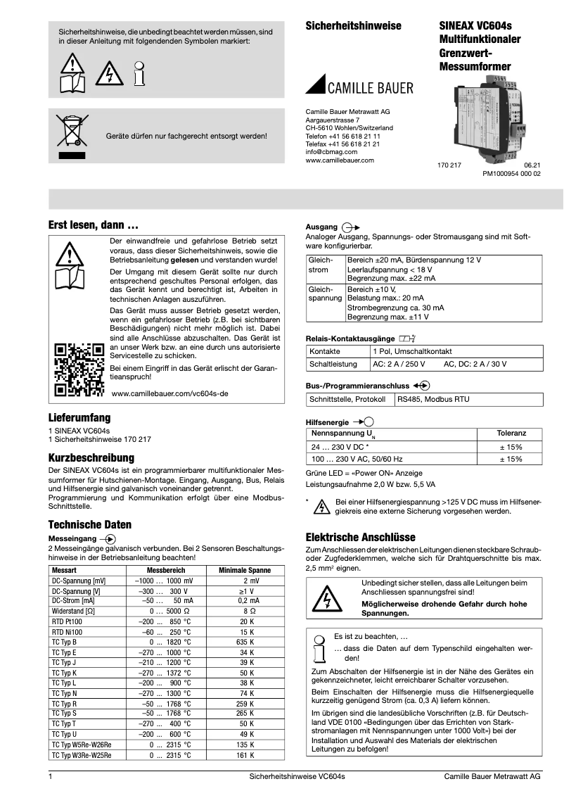 Page 1 de la notice Instructions de sécurité Camille Bauer SINEAX VC604s