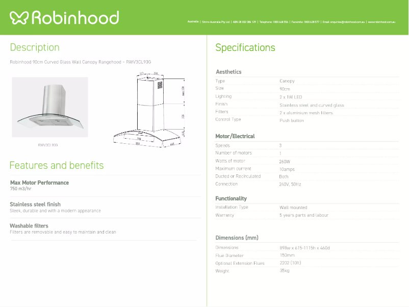 Page 1 de la notice Fiche technique Robinhood RWV3CL90G