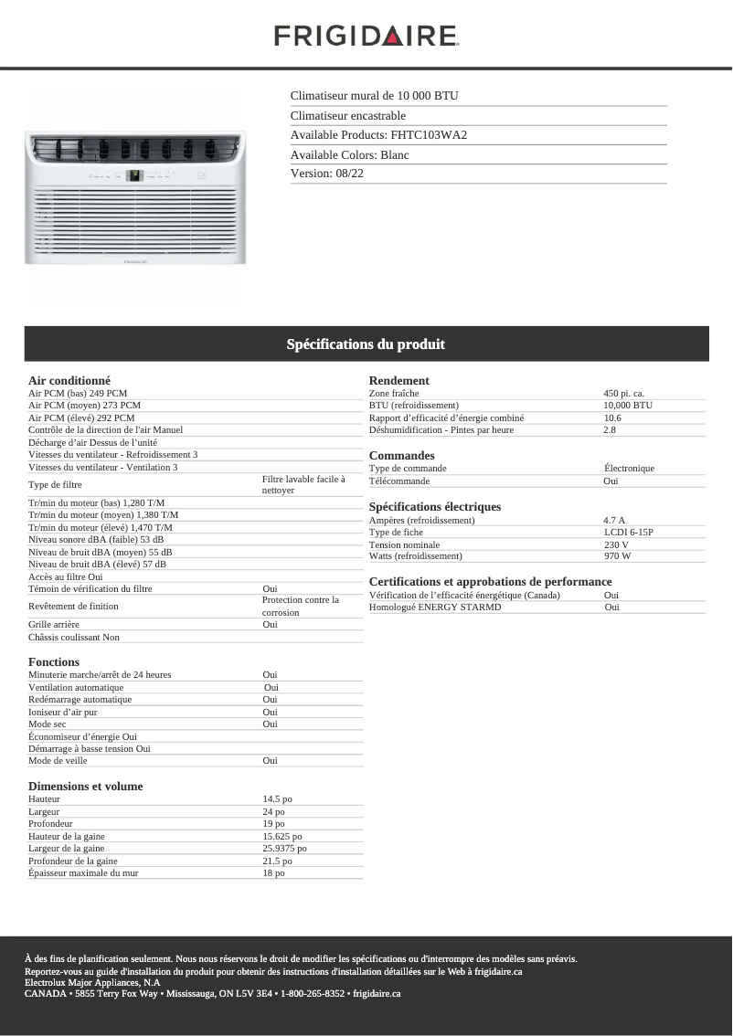 Page 1 de la notice Fiche technique Frigidaire FHTC103WA2