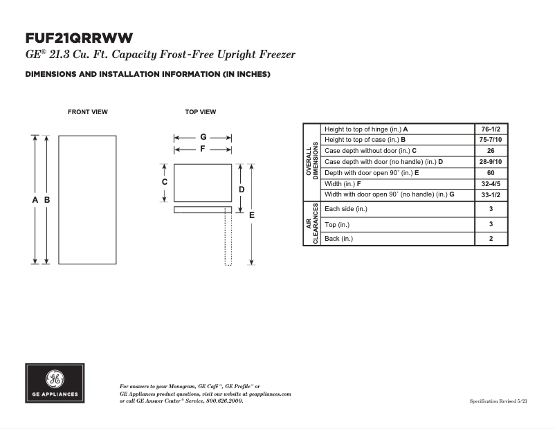 Page n°1 - Fiche technique GE FUF21QRRWW