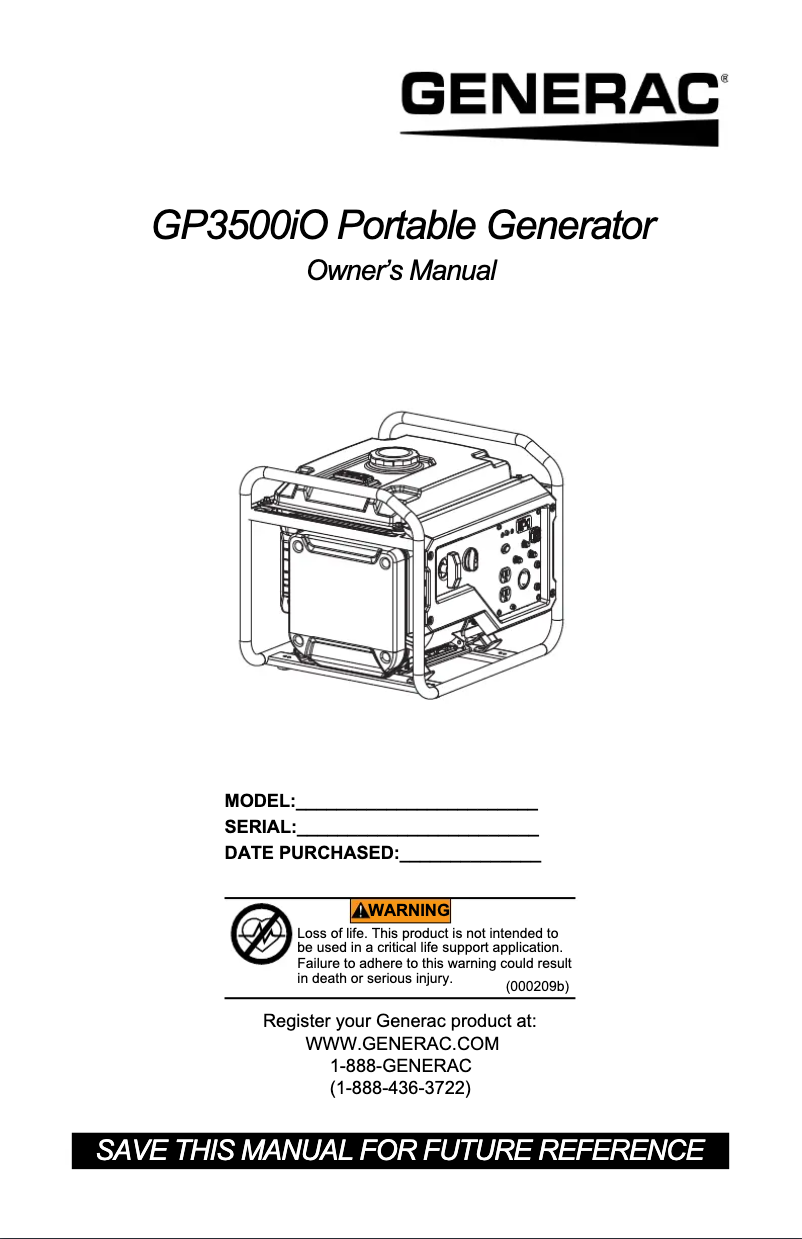 Page n°1 - Manuel utilisateur Generac GP3500iO