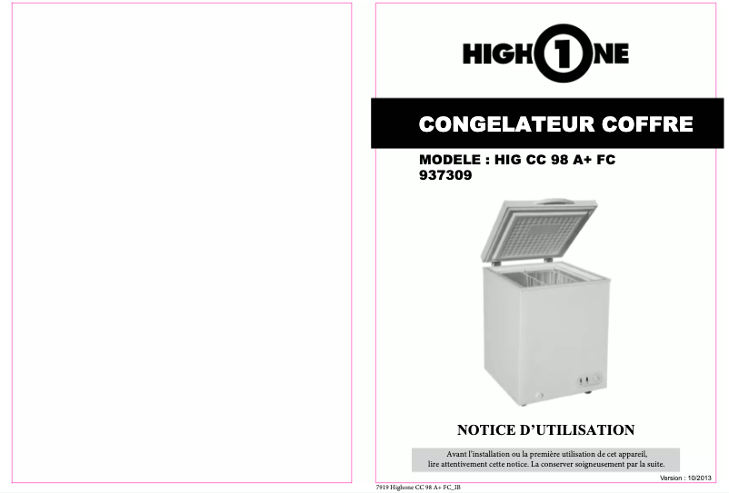 Page 1 de la notice Manuel utilisateur High One HIG CC 98 A+ FC