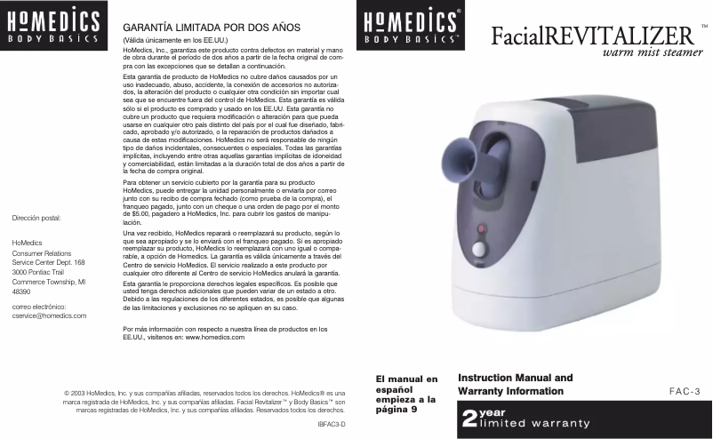 Image de la première page du manuel de l'appareil FacialREVITALIZER FAC-3