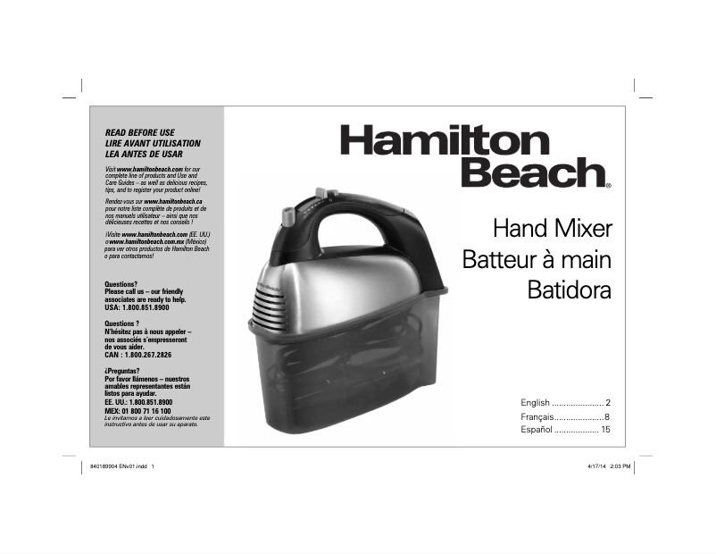 Page 1 de la notice Manuel utilisateur Hamilton Beach SoftScrape 62640