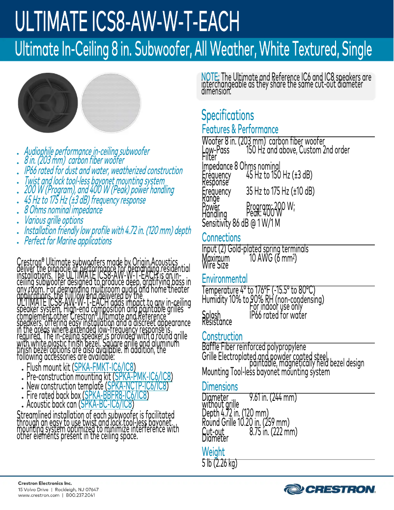 Page n°1 - Fiche technique Crestron ULTIMATE ICS8-AW-W-T-EACH