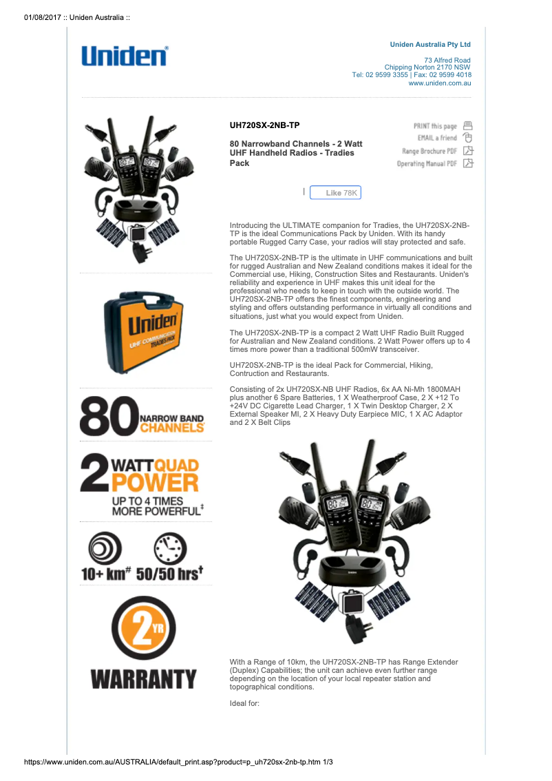 Page 1 de la notice Fiche technique Uniden UH720SX-2NB-TP