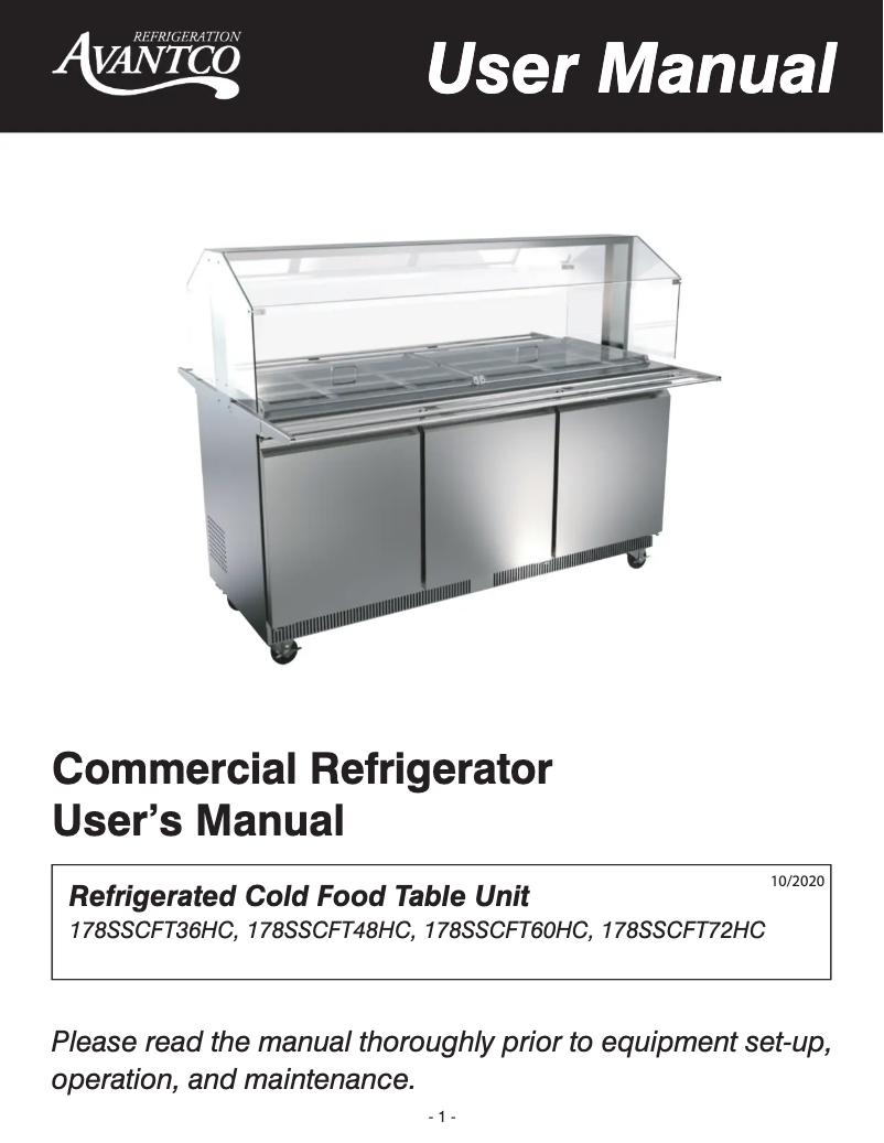 Page 1 de la notice Manuel utilisateur Avantco SS-CFT-72-HC