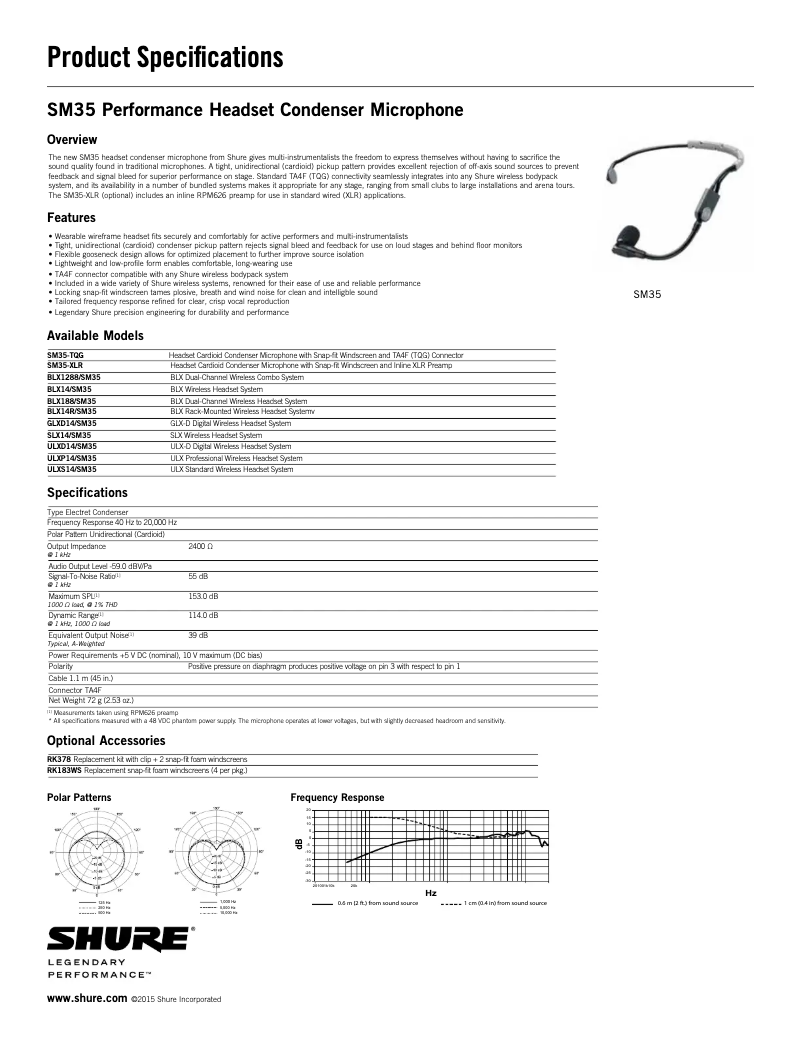 Page 1 de la notice Fiche technique Shure SM35-XLR