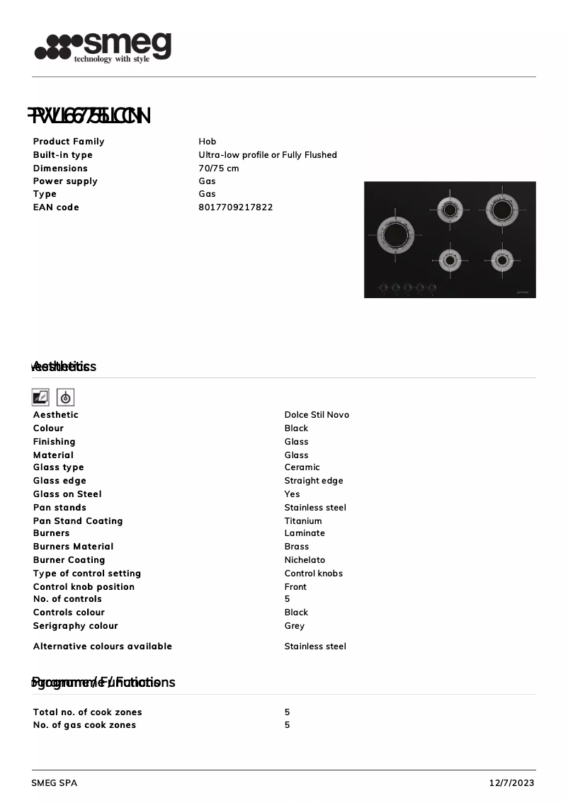 Page n°1 - Fiche technique Smeg PVL675LCN