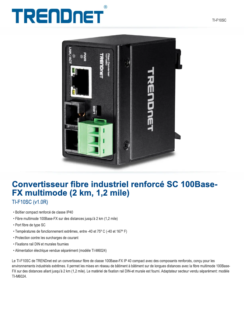 Page n°1 - Fiche technique TRENDnet TI-F10SC