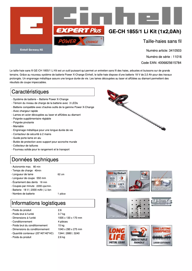Page n°1 - Fiche technique Einhell GE-CH 1855/1 Li Kit