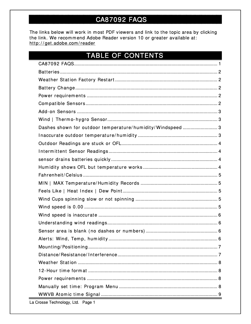 Page n°1 - FAQ La Crosse Technology CA87092