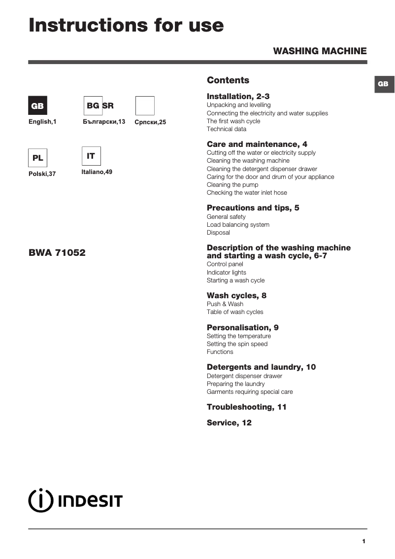 Image de la première page du manuel de l'appareil BWA 71052 W EU