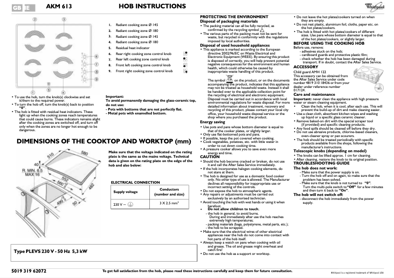 Page 1 de la notice Mode d'emploi Whirlpool AKM 613