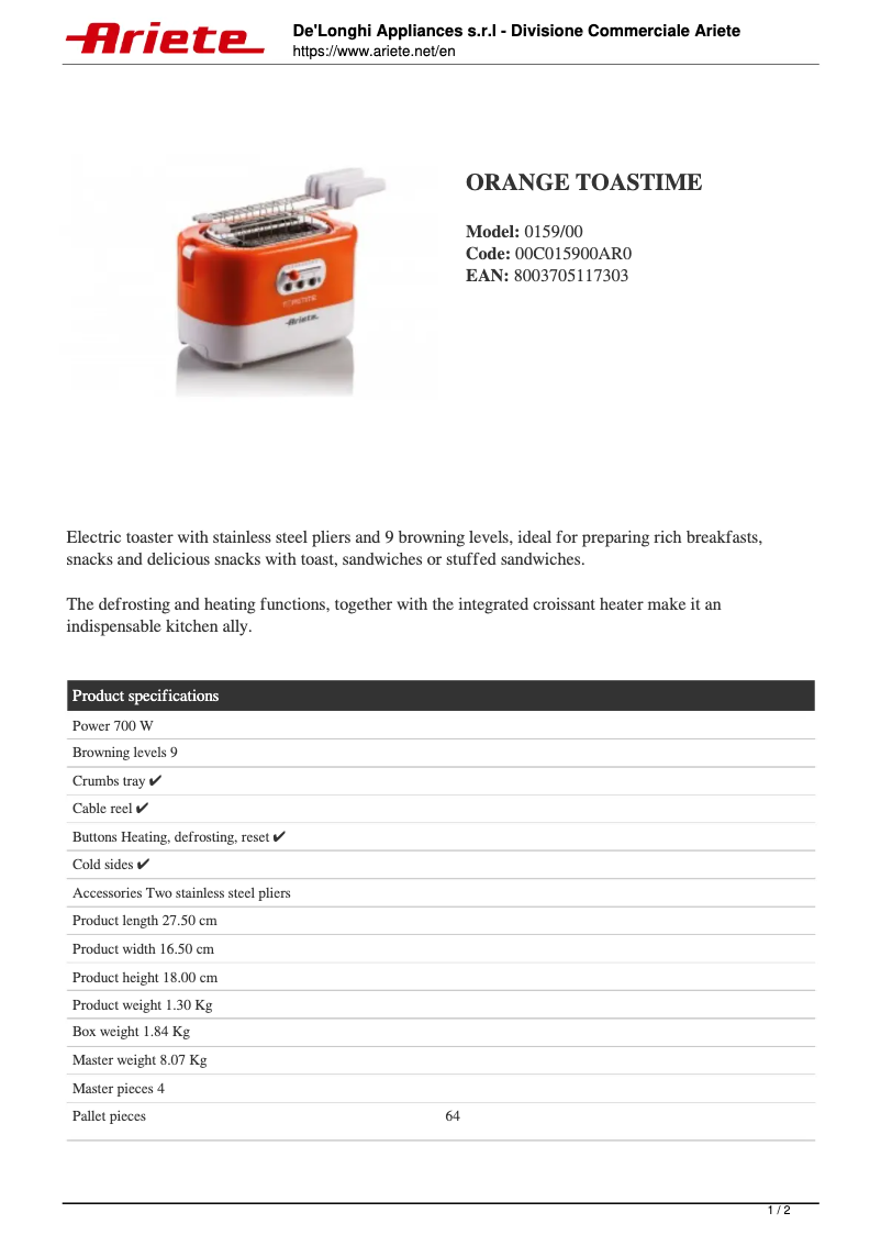 Page 1 de la notice Fiche technique Ariete Toastime 0159