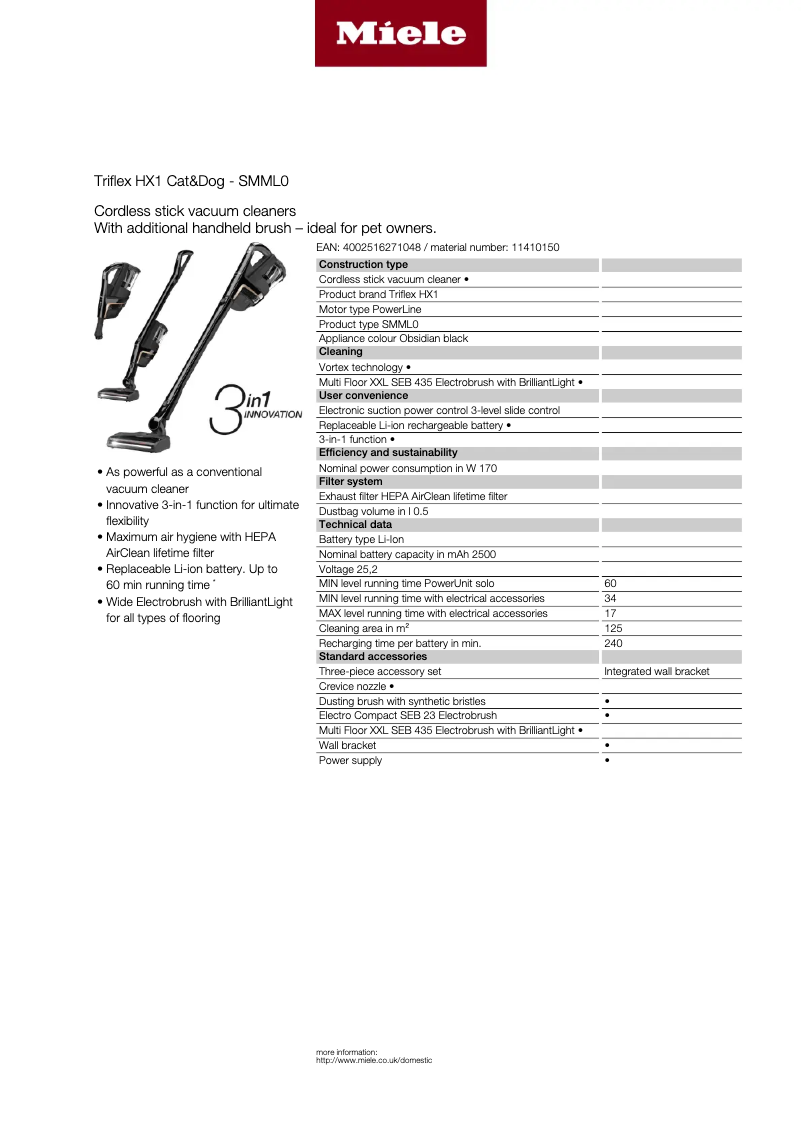 Page 1 de la notice Fiche technique Miele Triflex HX1 Cat & Dog
