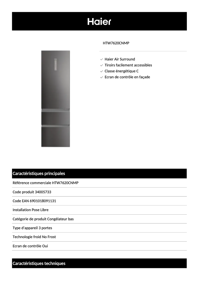 Page 1 de la notice Fiche technique Haier HTW7620CNMP