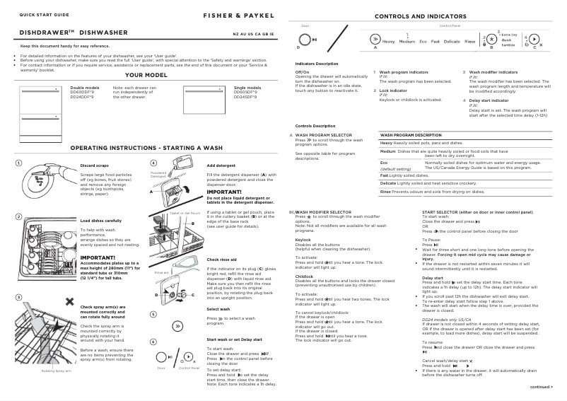 Page 1 de la notice Guide de démarrage rapide Fisher & Paykel DD24DV2T9N