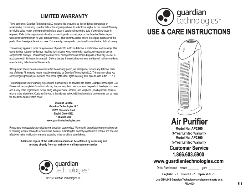 Page n°1 - Manuel utilisateur GermGuardian AP2200