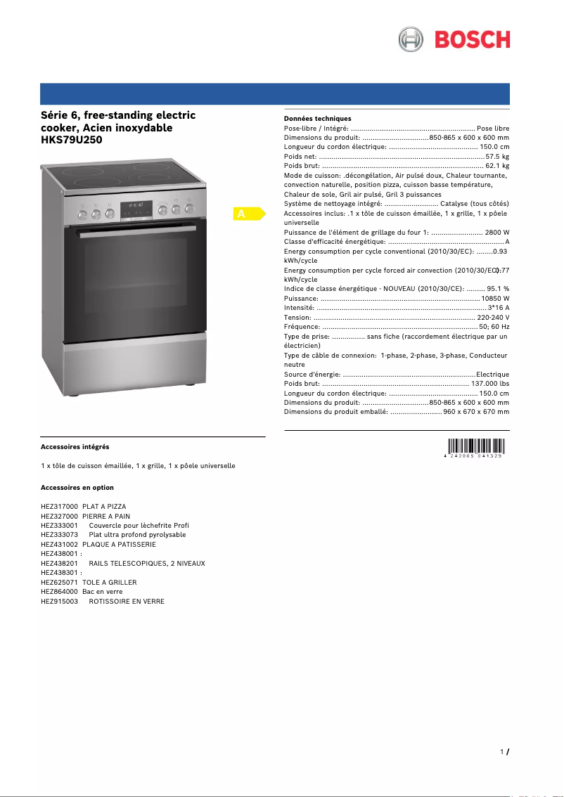 Page 1 de la notice Fiche technique Bosch HKS79U250