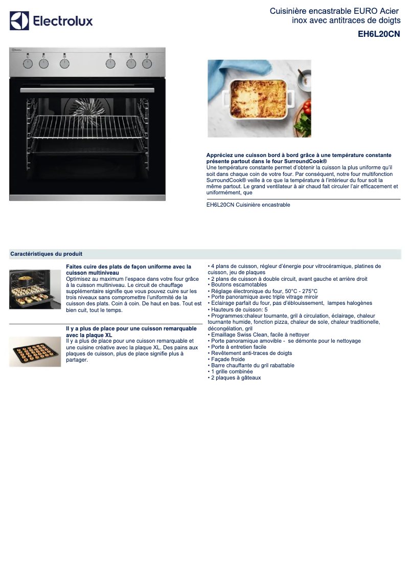 Page 1 de la notice Fiche technique Electrolux EH6L20CN