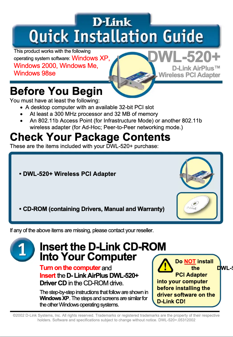 Page n°1 - Guide de démarrage rapide D-Link AirPlus DWL-520+