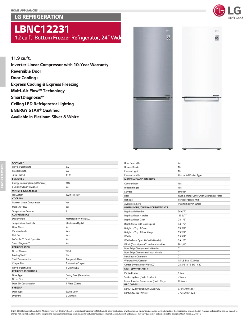 Page 1 de la notice Fiche technique LG LBNC12231V