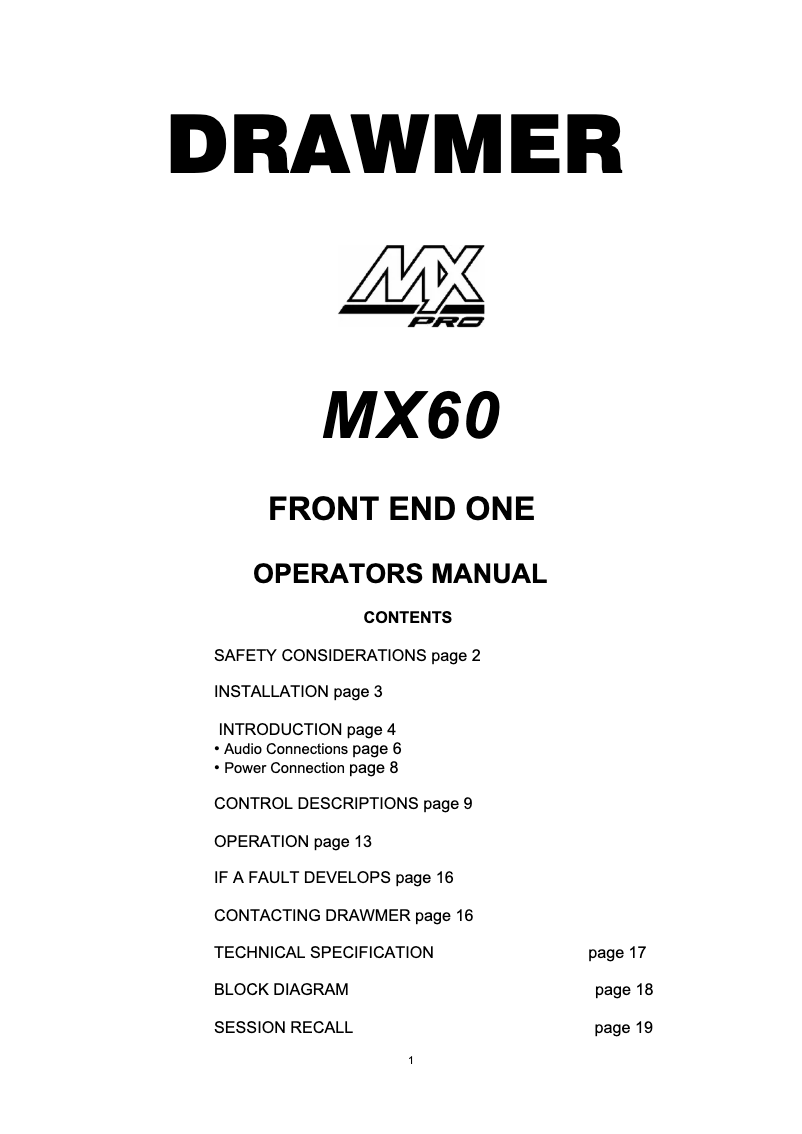 Page 1 de la notice Manuel utilisateur Drawmer MXPRO-60